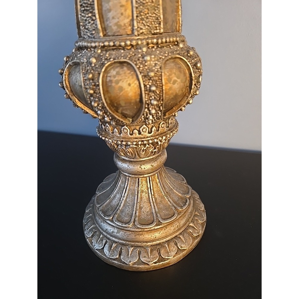 Silver Bronze Tone Embossed Beaded Pedestal Candle Holders 12" Tall Resin - Picture 7 of 11